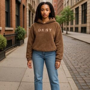 DKNY Sport Brown Fleece Sherpa Teddy Bear Hoodie Size XL